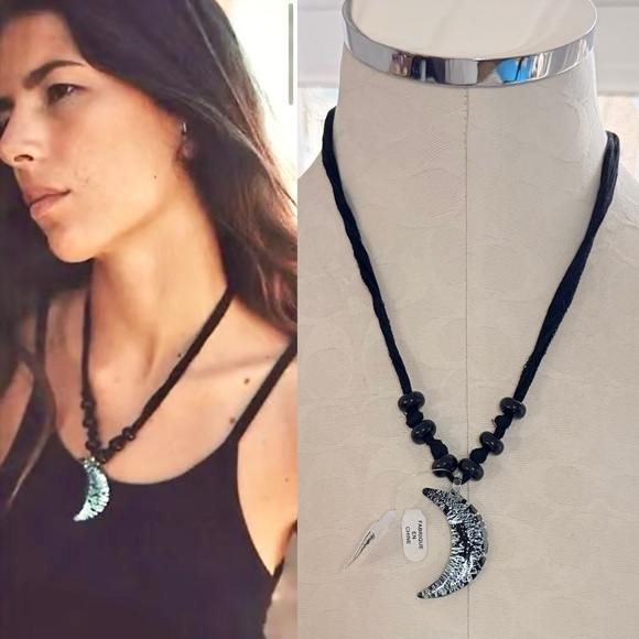 Free People Jewelry - Free People Black Cord Blue Crescent Moon Necklace